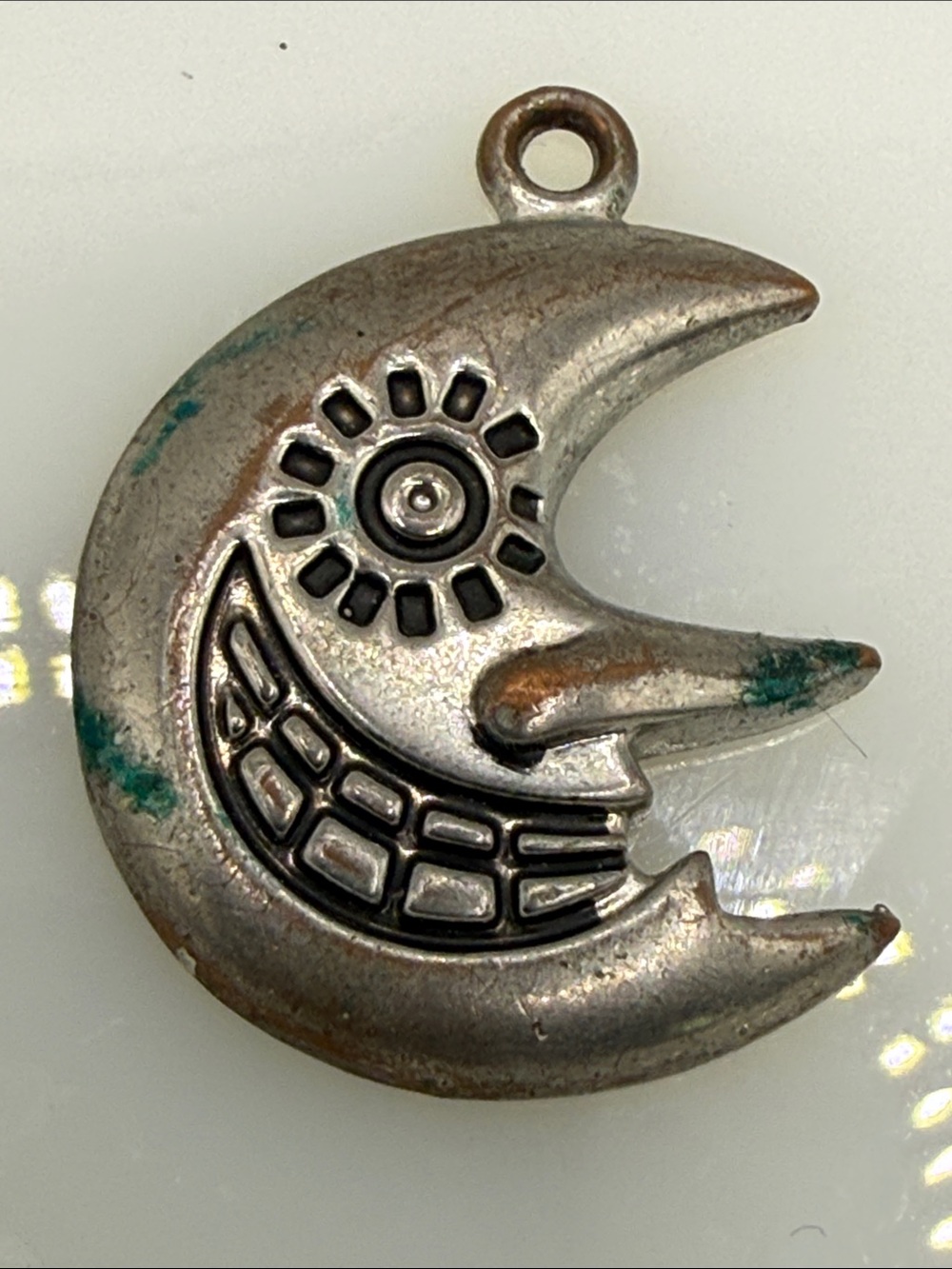 Scary distressed brutalist Silver tone Crescent Moon Face Pendant Charm